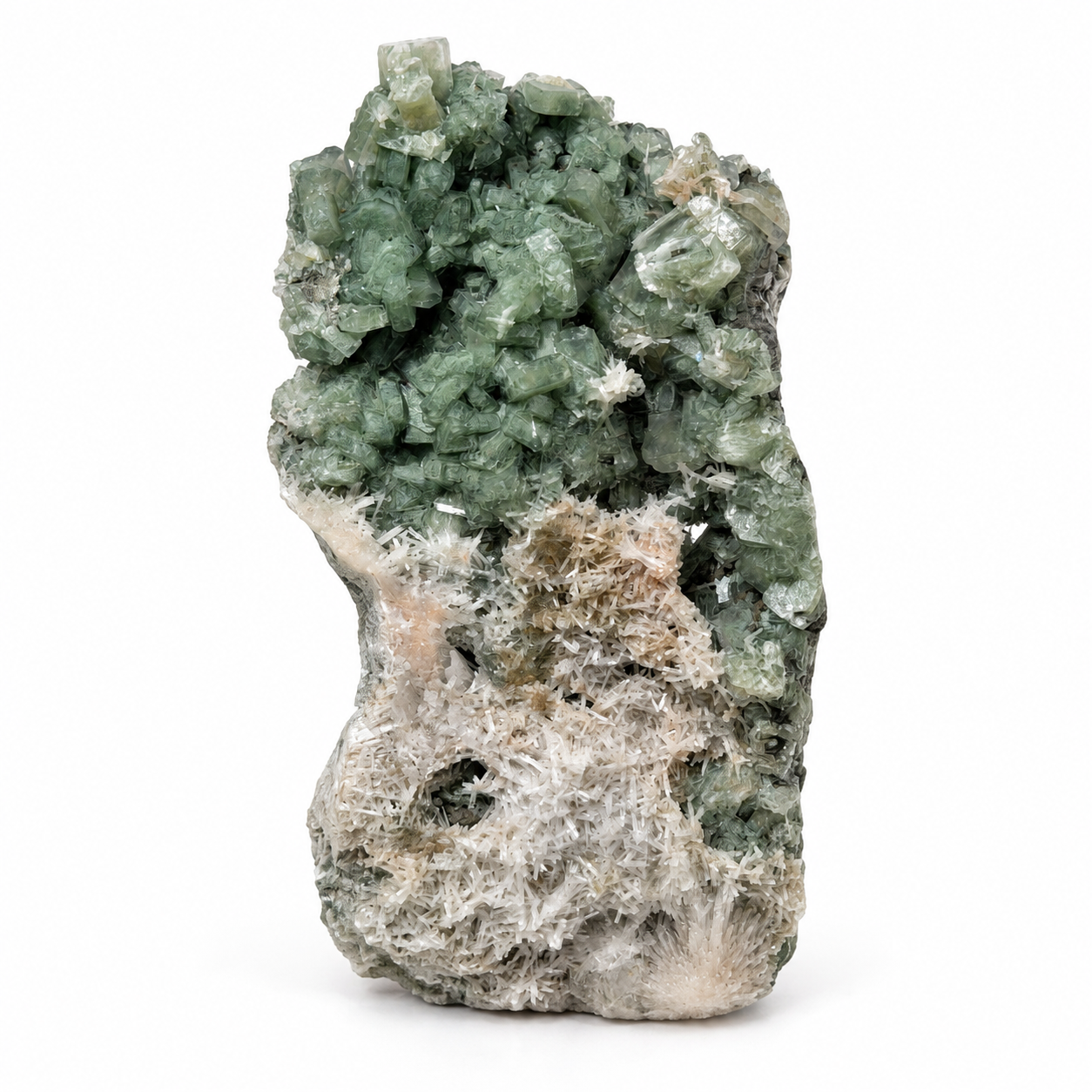 Natural Green Apophyllite Cluster with Scolecite Needle Sprays