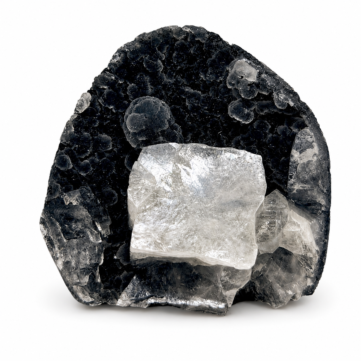 Apophyllite on Black Botryoidal Chalcedony Cluster #16