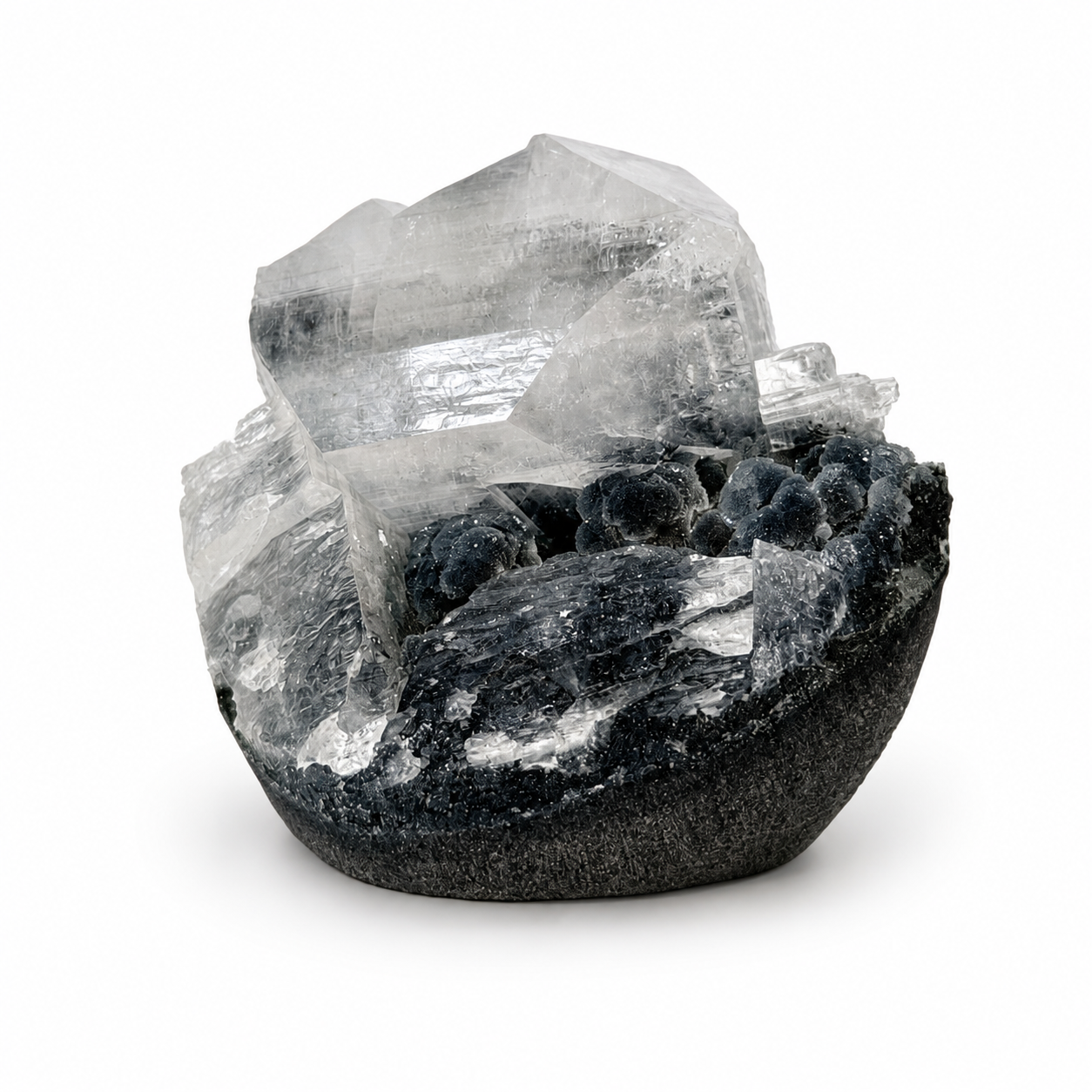 Apophyllite on Black Botryoidal Chalcedony Cluster #14